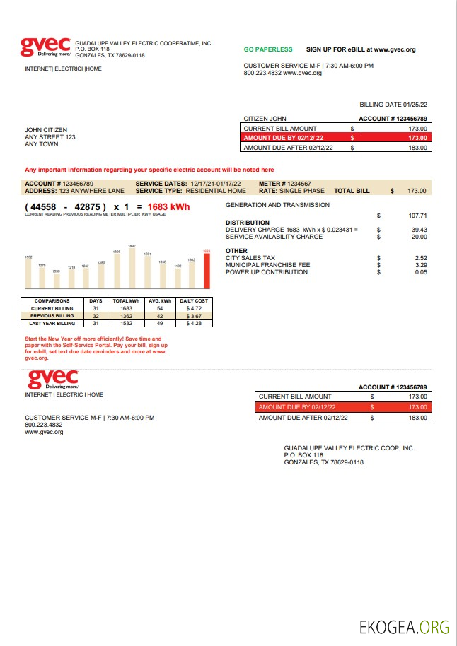 USA Texas GVEC utility bill template in Word and PDF format